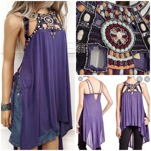 New Free People Quest Tank Top Tunic‎ Split Sides Blouse Aztec Beaded